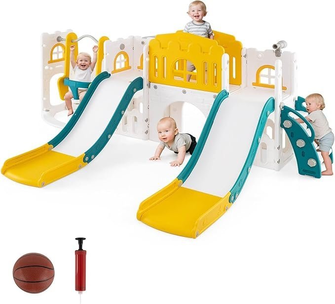 Swing Set with Basketball Hoop Double Slides and Climber