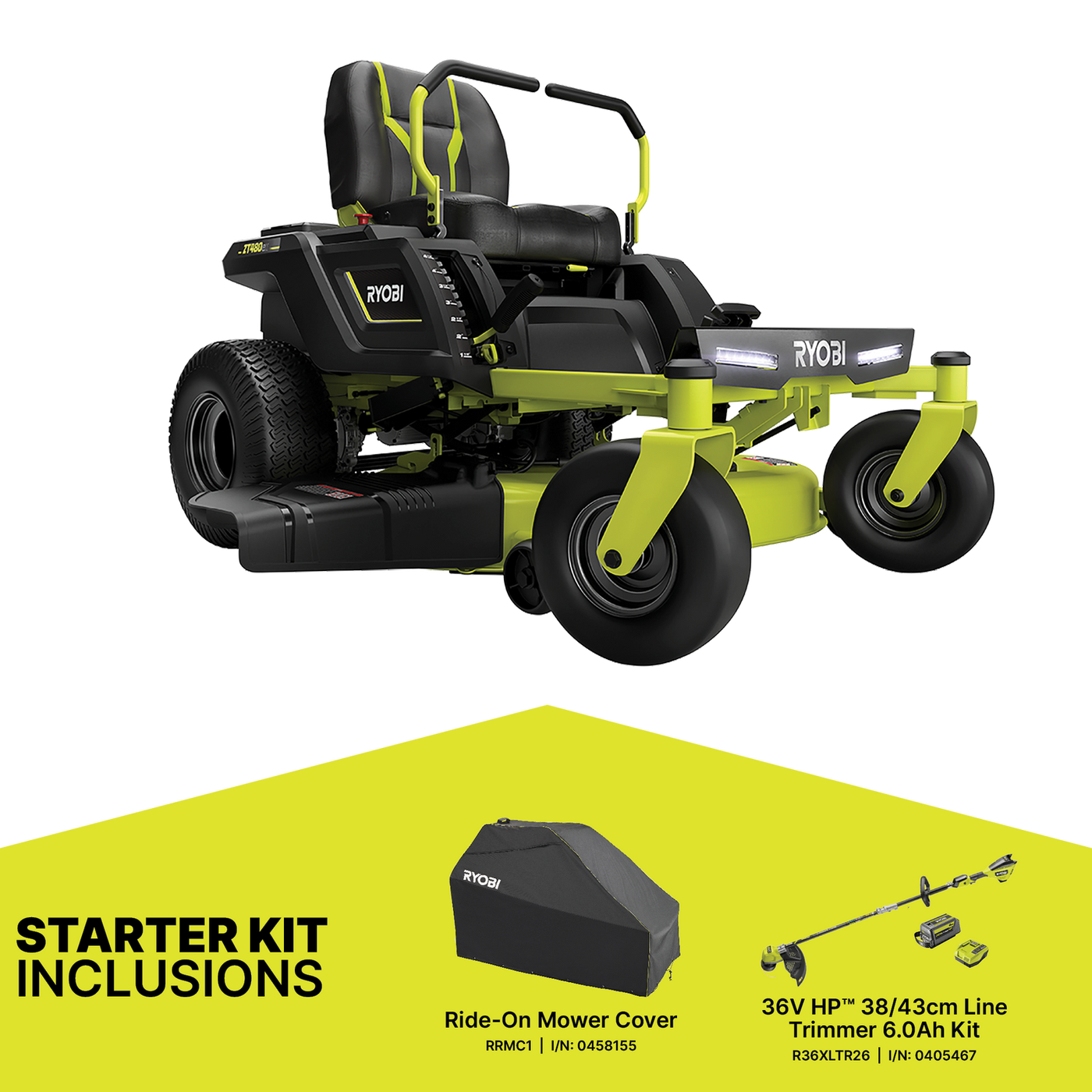 Ryobi 48V 42” ZT Ride-On Mower Bonus Line Trimmer & Cover Kit